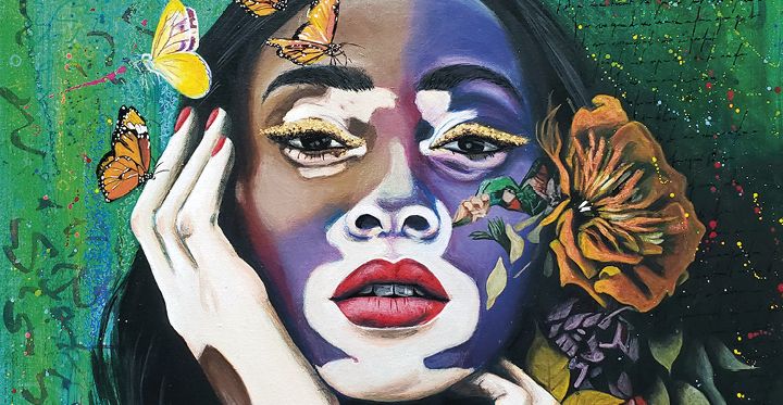 Portrait d'une jeune femme, entourée de papillons et de fleurs, oeuvre picturale de la street artistes &Zo