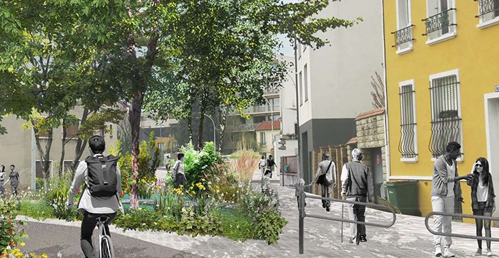 Une rue de Bagnolet en 2026 après la création du Grand chemin : piste cyclable et végétation