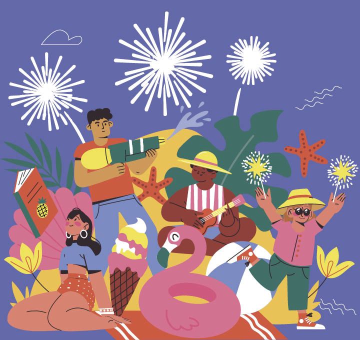 Personnages jouant de la musique, jeux d'eau et feu d'artifice