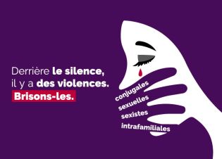 une femme, une main devant la bouche. Derrière le silence il y a les violences brisons-les