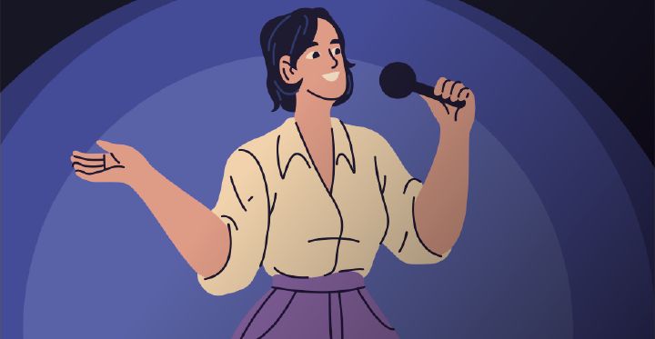 Dessin style BD d'une actrice sur scène parlant au micro