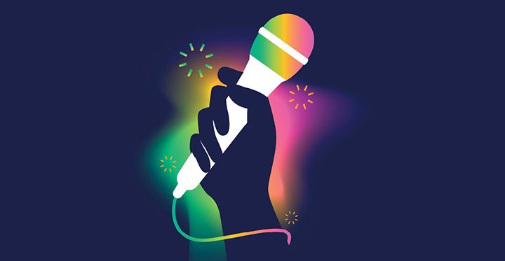 Illustration une main tenant un micro couleurs fluo