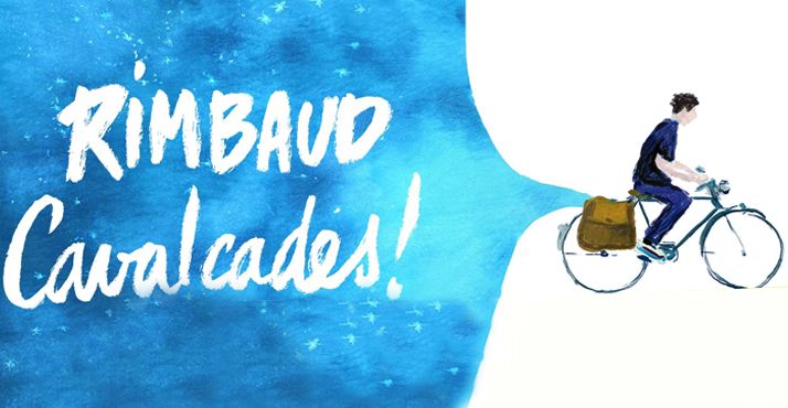 L'affiche du spectacle Rimbaud Cavalcades ! représente un personnage sur un vélo avec une sacoche à l'arrière qui tire une bulle de ciel étoilé en dessin façon aquarelle