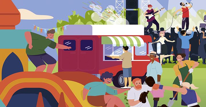 illustration d'une fête de quartier : musique, sport, jeux et restauration