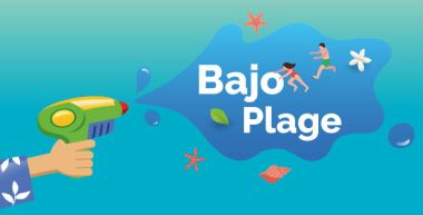 Illustration : un pistolet à eau avec Bajo plage inscrit dans la bulle d'eau