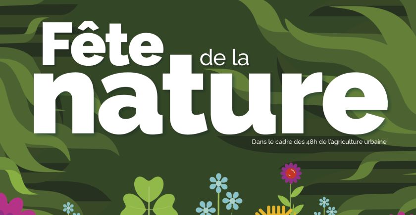 Fête de la nature en lettres blanches sur un dessin de prairie fleurie