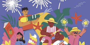 Personnages jouant de la musique, jeux d'eau et feu d'artifice