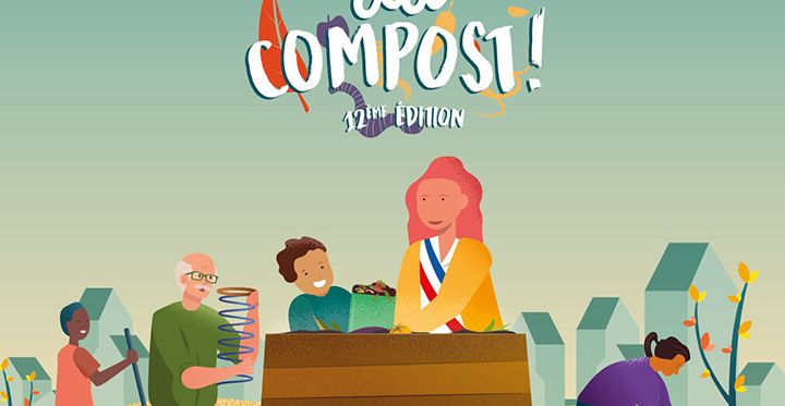 Des citoyens utilisant un composteur sont dessinés sur l'affiche annonçant l'opération Tous au compost