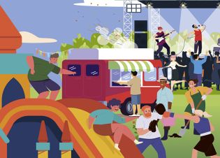 illustration d'une fête de quartier : musique, sport, jeux et restauration