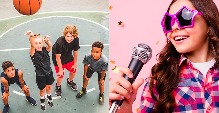 Des enfants jouent au basket et une fillette chante